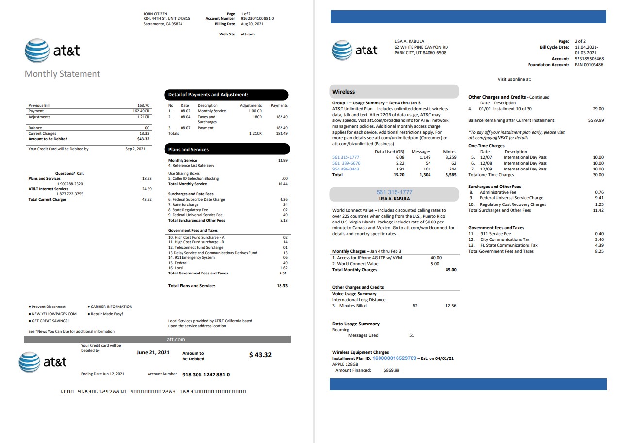USA Texas AT&T telecommunications utility bill template in Word and PDF format (2 pages)